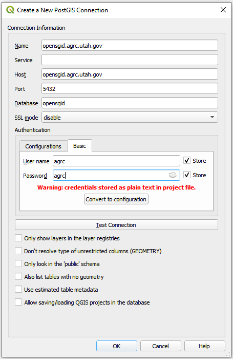 QGIS Connection Properties