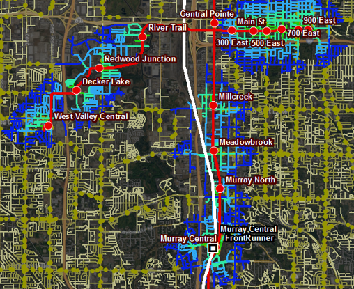 Simple travelshed example around UTA transit stops